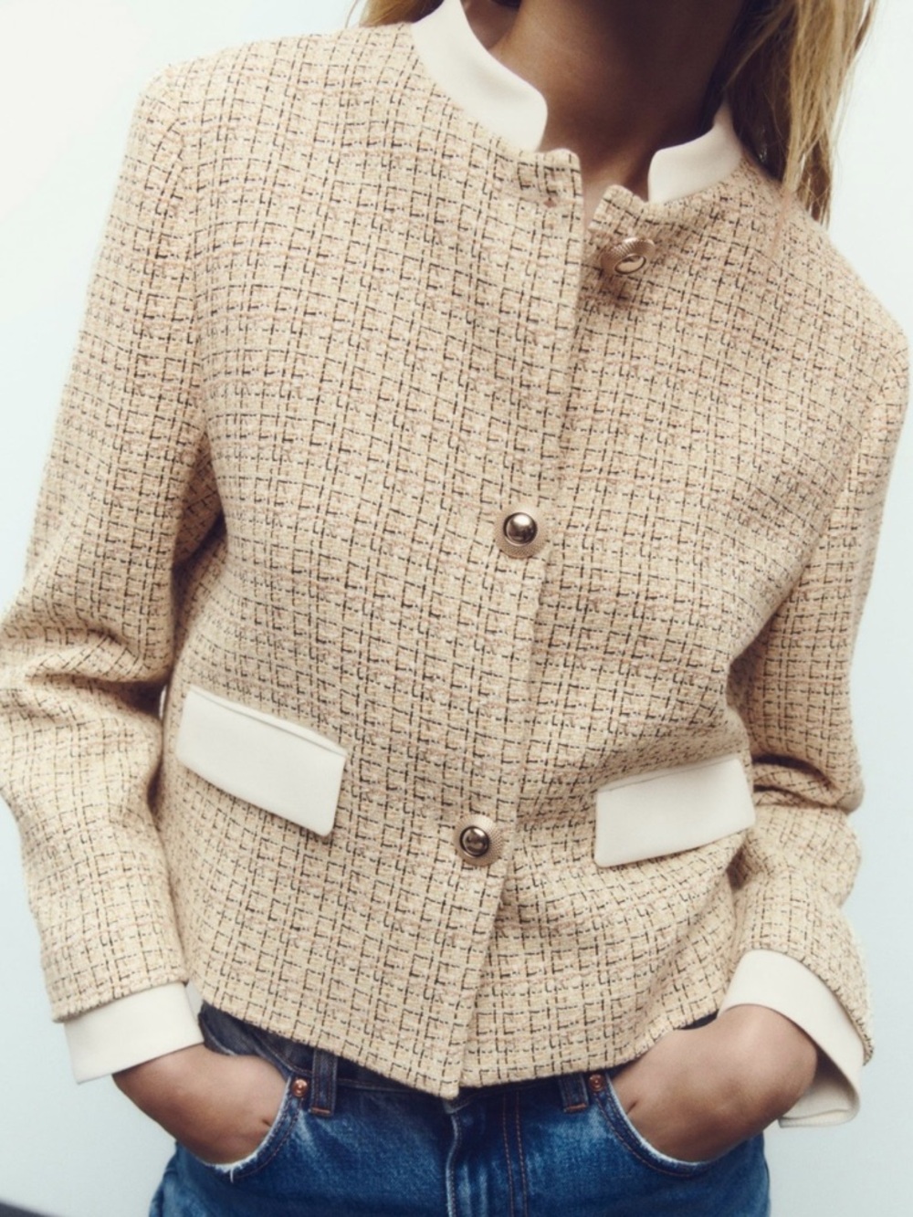 Zara Beige Tweed Button-Front Jacket